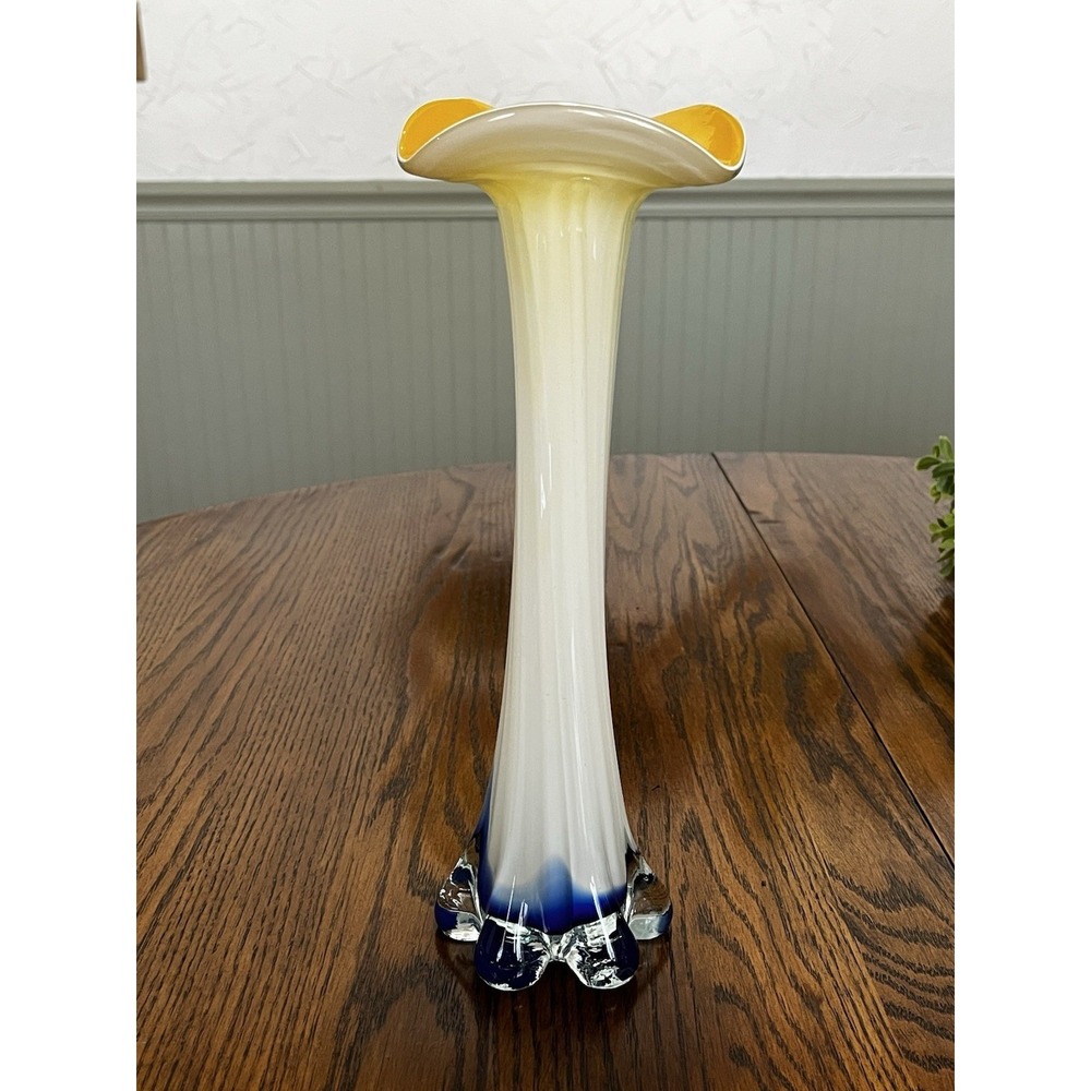 Orange/White/Blue Murano Style CallaLily JackInPulpit Vase Art Hand Blown Glass
